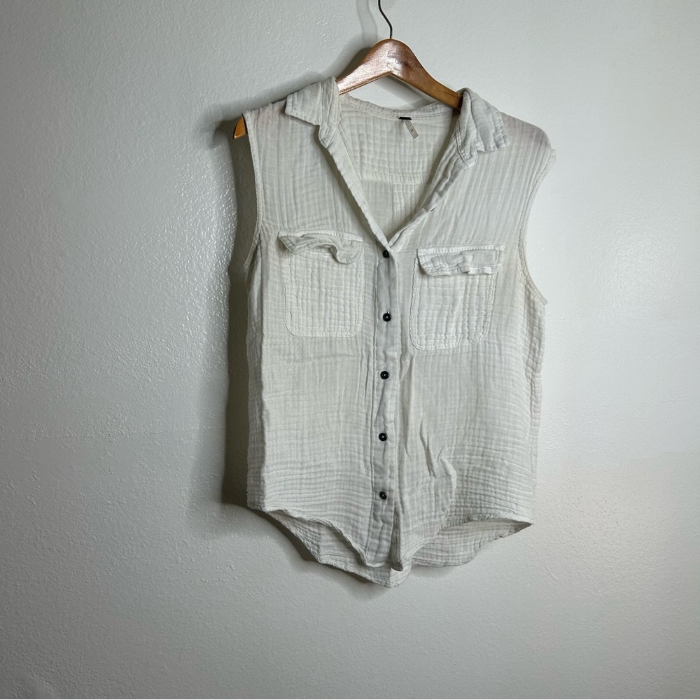 Free People 100% Cotton Gauze Button Down White Tank Shirt Size XS Oversized
